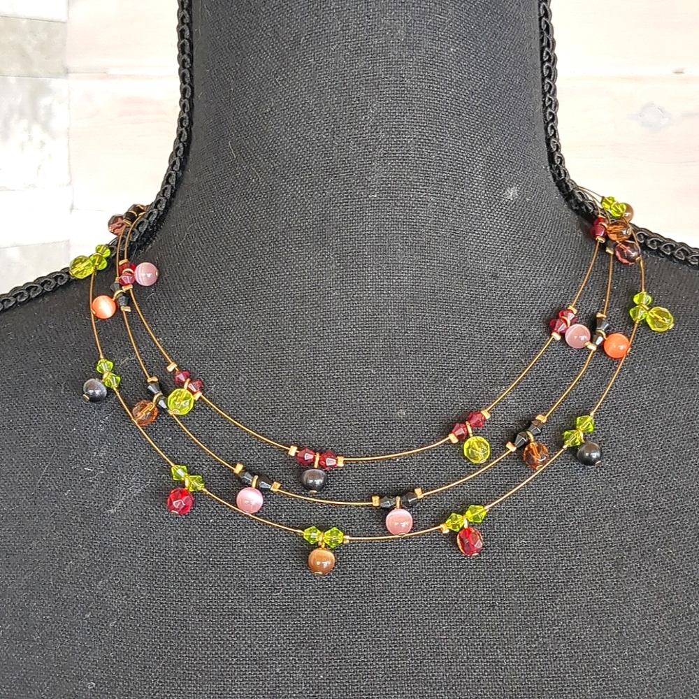 Boho Gold Tone Wire Floating Necklace, 3 Strands Multicolor Beads, Adjustable